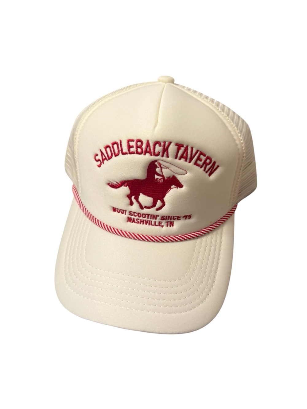 Anthropologie Cream Trucker Hat with Red Embroidery